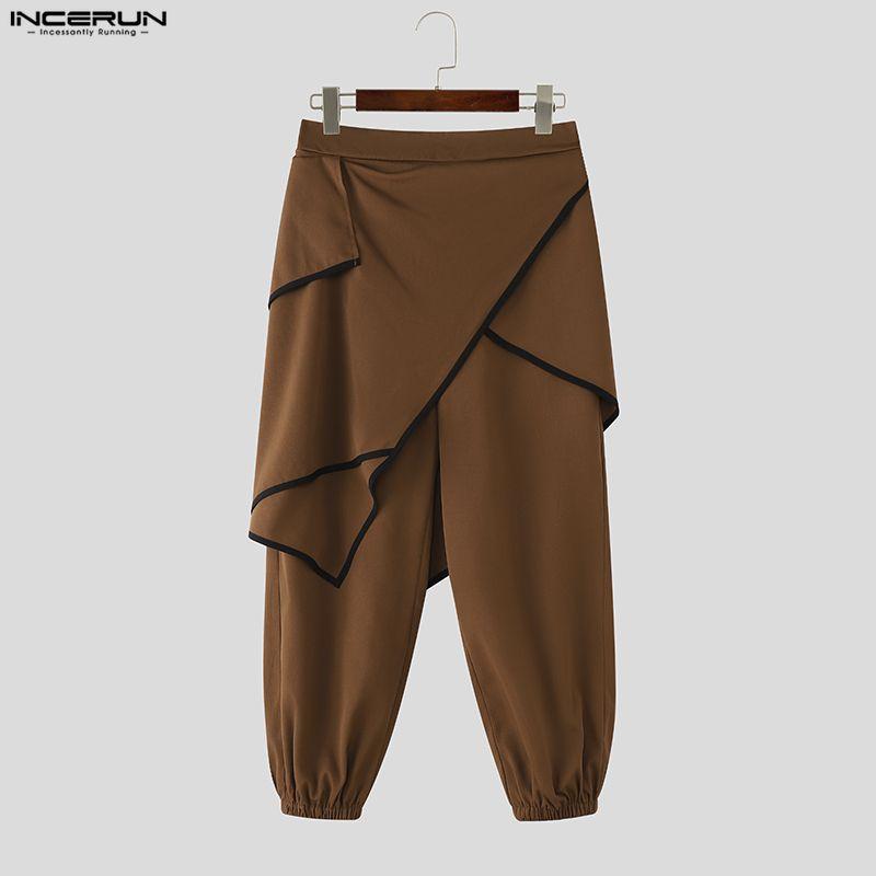 INCERUN Men Back Elastic Waist Ruffled Layers Casual Long Harem Pants Trousers