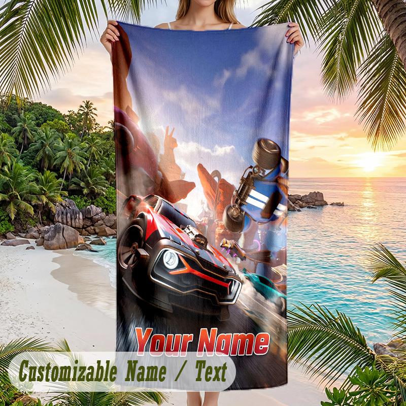 Rocket League Beach Towel, Personalized Custom Text, Quick Dry Soft Large Towel For Swimming Pool Travel