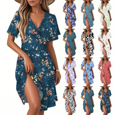 Damen Casual Fashion Kleid Vintage Floral Floral Kurzarm V-Ausschnitt Kleid