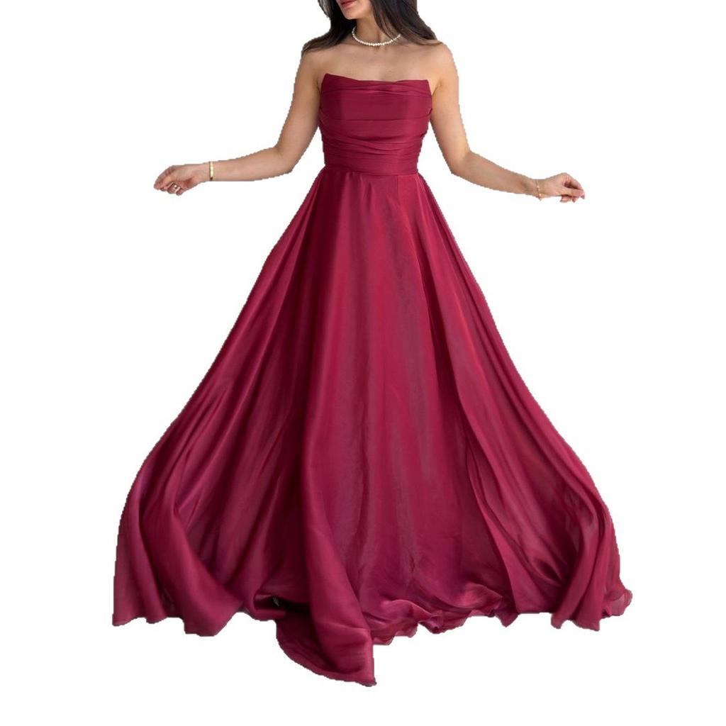 Women's summer new French elegance temperament celebrity style solid color tube top waist large skirt dress long dress