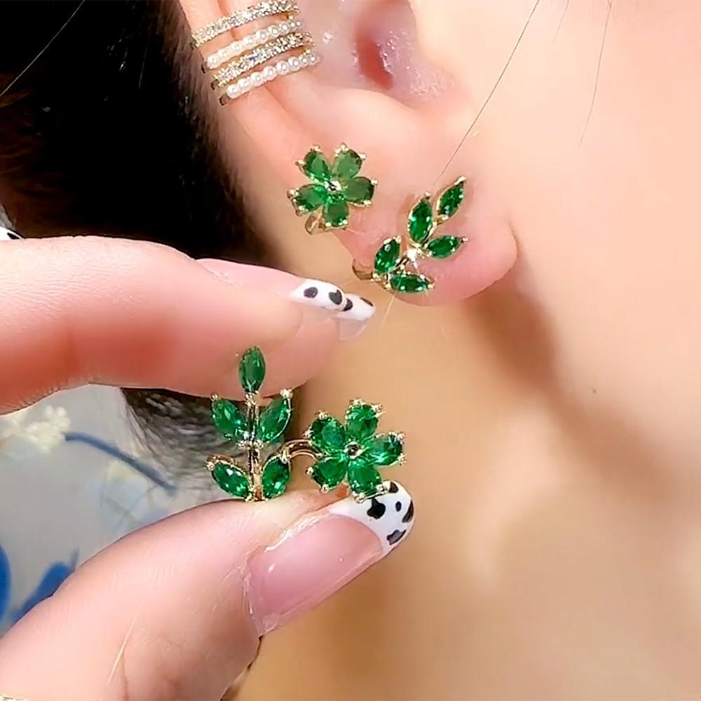 925 Silver Needle Green Flower Earrings For Women Korean Fashion Jewelry Trending Luxury Zircon Leaf Women's Stud Earrings