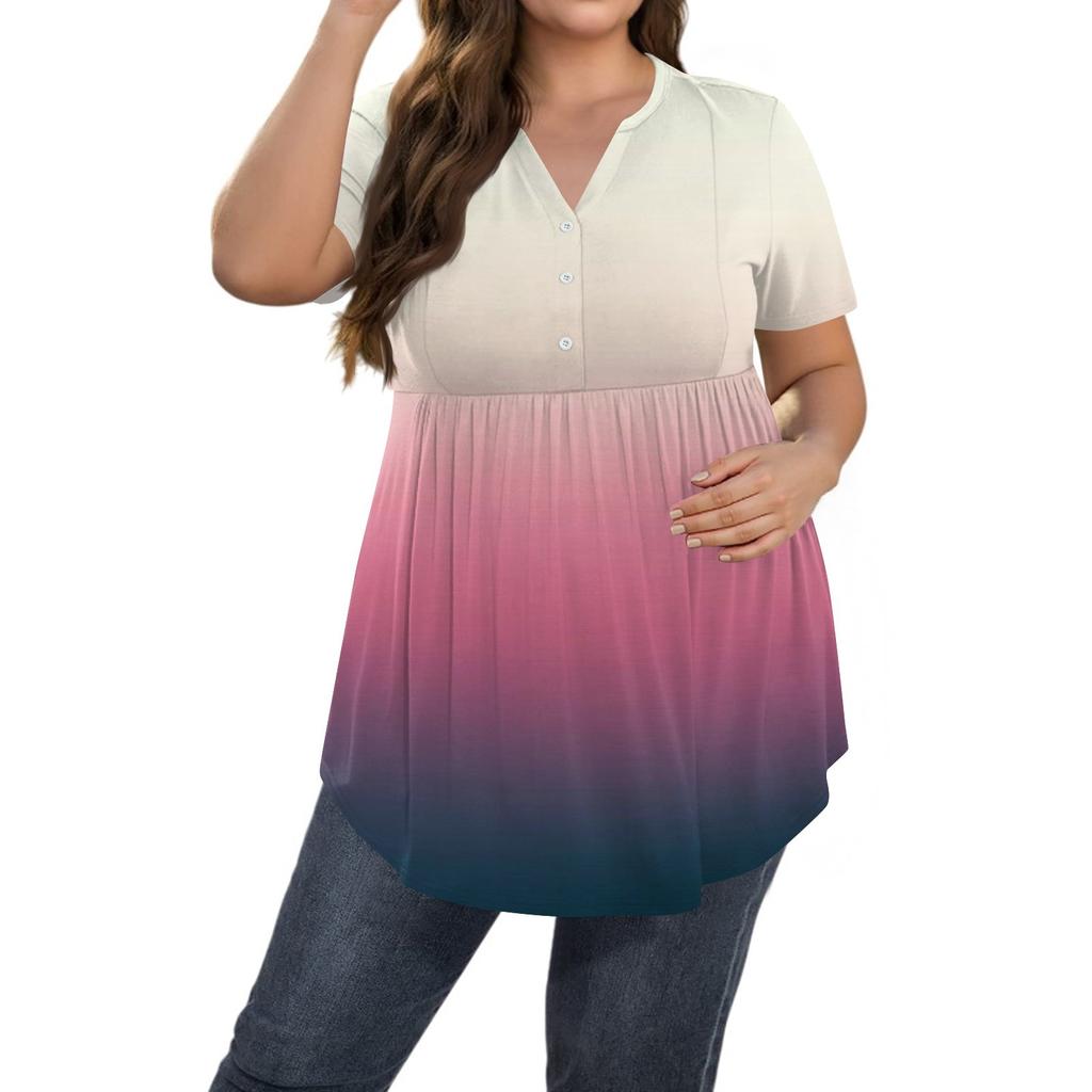 Damen Print Übergröße V-Ausschnitt Knopfleiste Lässiges Kurzarm Fließendes Top