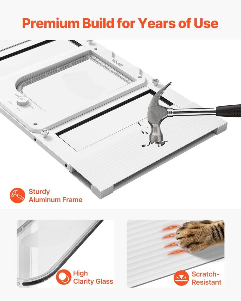 Cat Door for Window, Adjustable To Fit Window Width 584-711 Mm, 4 Secure Lock Modes, Aluminum Frame and High-Transparency Glass, Magnetic Closure,