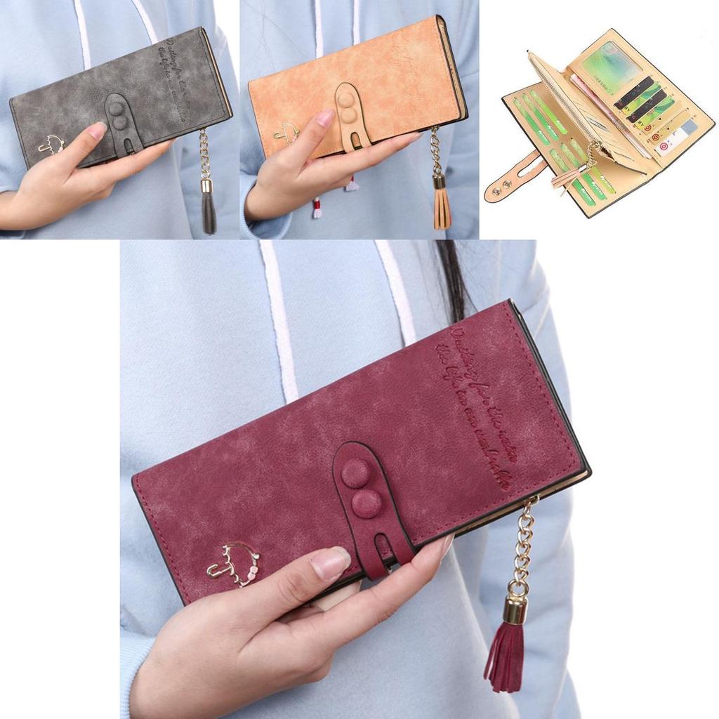 Elegant Women Leather Card Holder Long Trifold Wallet With Tassel And Checkbook Pocket