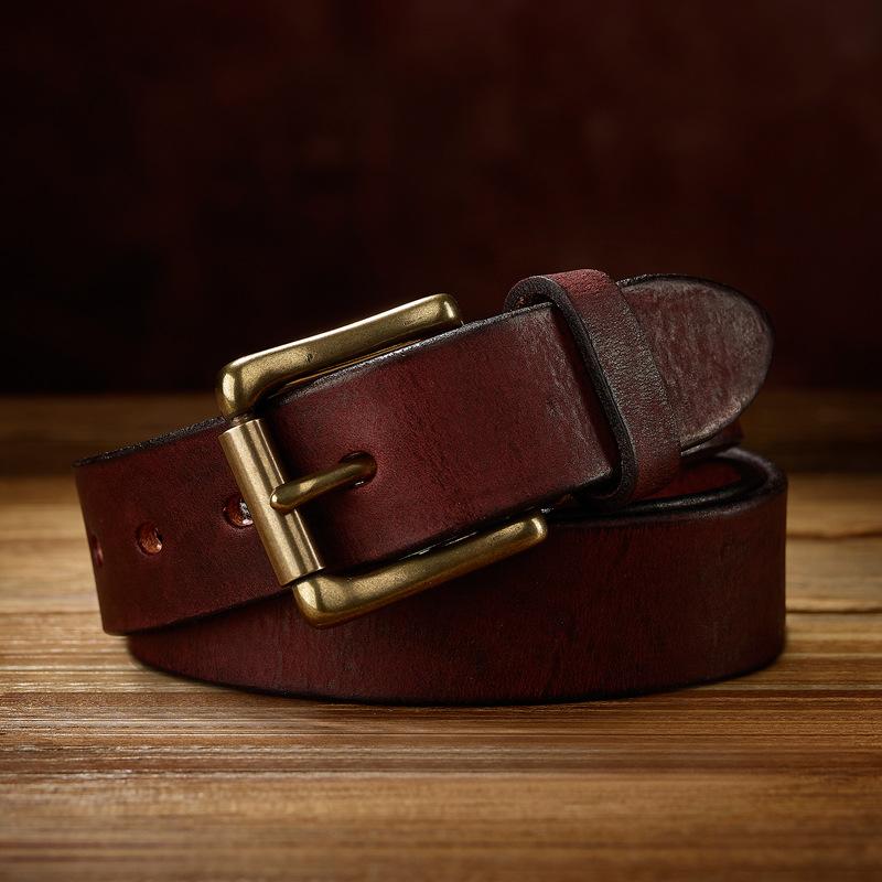 Retro Real Cowhide Belt Copper Buckle Men's Handmade First Layer Cowhide Belt Casual Jeans Belt