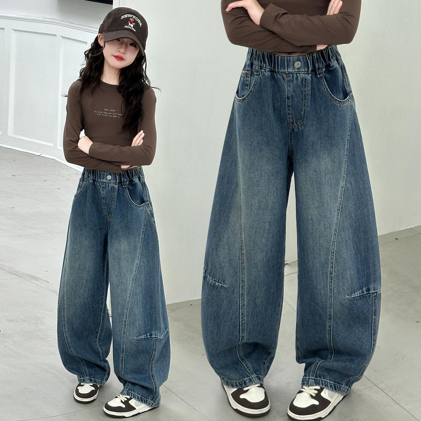 

Girls’ Wide-Leg Patchwork Jeans, Spring/Autumn 2025 Collection, Casual Trousers for Big Kids 160 cm