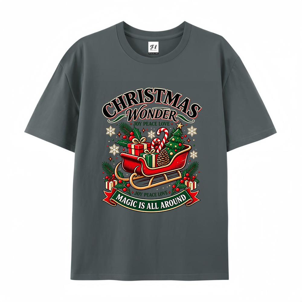 Women's Christmas Wonderland Graphic T Shirt Santa Sleigh Tree Gift Print Casual Short Sleeve Crew Neck Holiday Tee