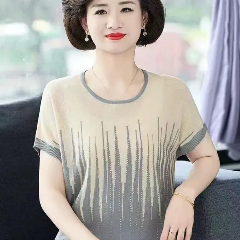 Middle-aged Mother Summer Fashion Short-sleeved Sweater Top Middle-aged and Elderly Women s Thin Temperament Ice Silk T-shirt Suit M