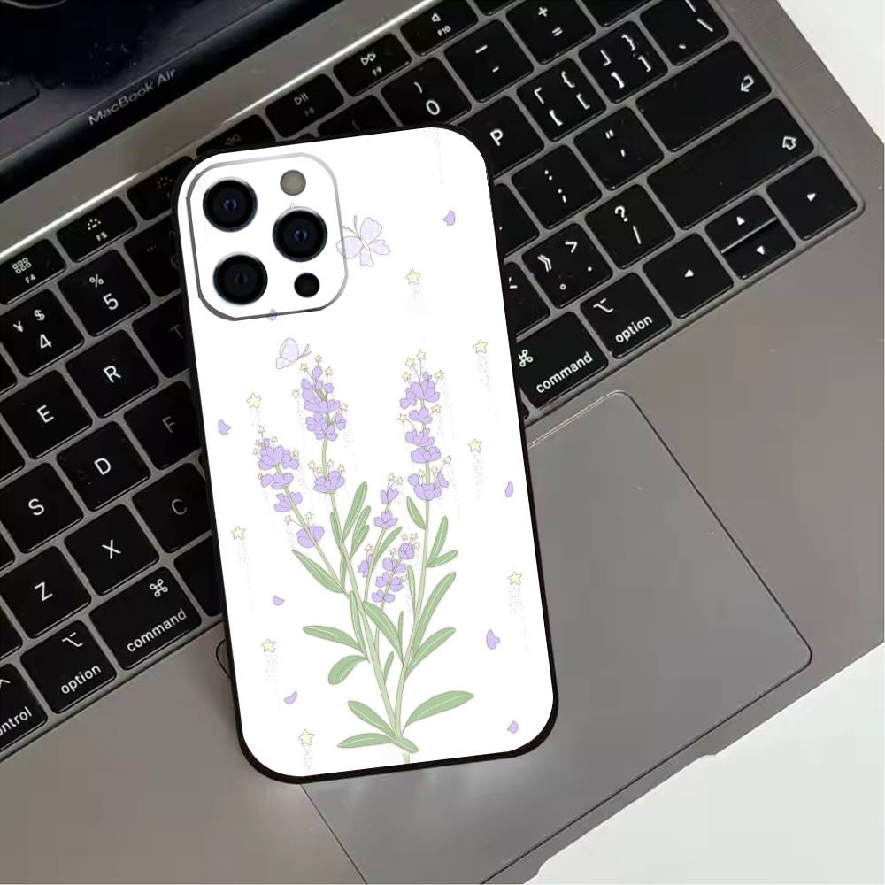 Lavender Purple Flowers Phone Case For iPhone 17,16,15,14,13,12,11 Plus,Pro Max,XS,Soft Silicone Black Cover