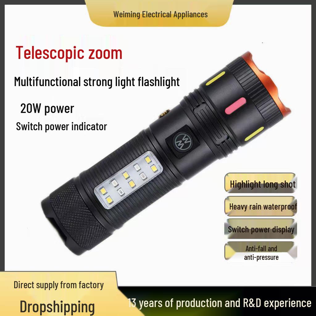 High-Brightness Aluminum Alloy Zoom Rechargeable Portable Flashlight for Outdoor Hiking