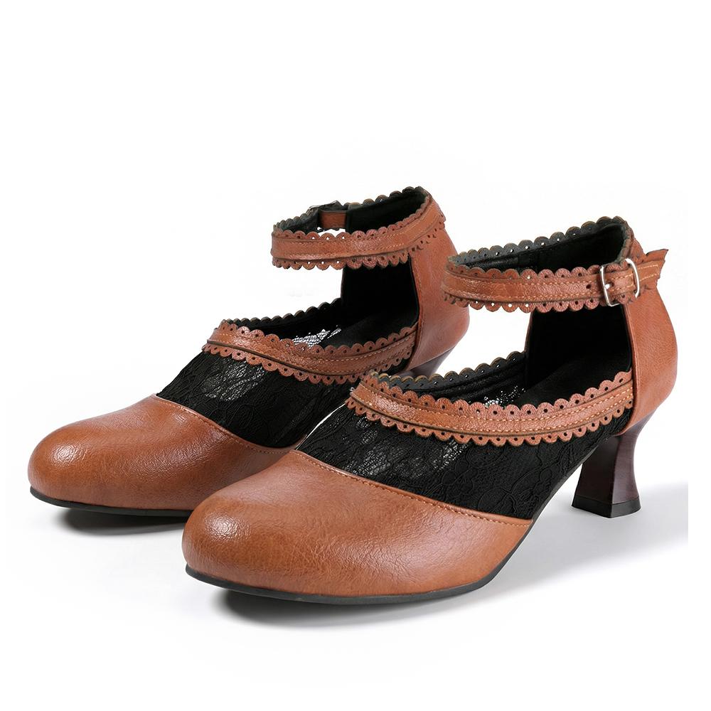 Dámské Mary Jane lodičky nadměrné velikosti, 6cm podpatek, krajkové lemování, PU boty