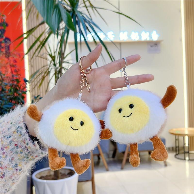 [Qiubaoll] Cute Fried Egg Keychain Boiled Egg Stuffed Bag Charm Fluffy Bag Decoration Stylish Birthday Present Gift