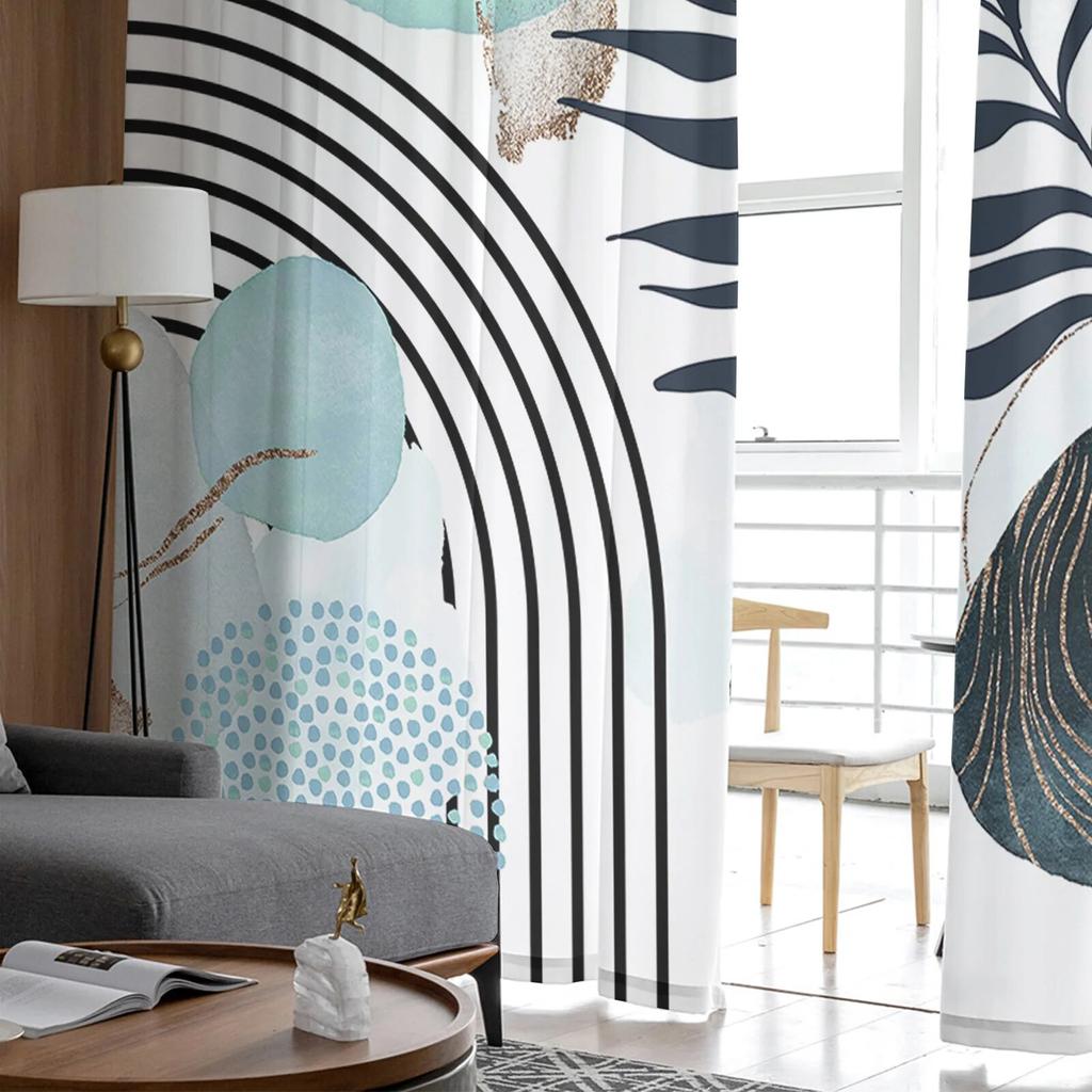 Bohemian Teal Leaves Tulle Curtains for Bedroom Hall Living Room Decor Chiffon Curtain for Balcony Kitchen Home Drapes