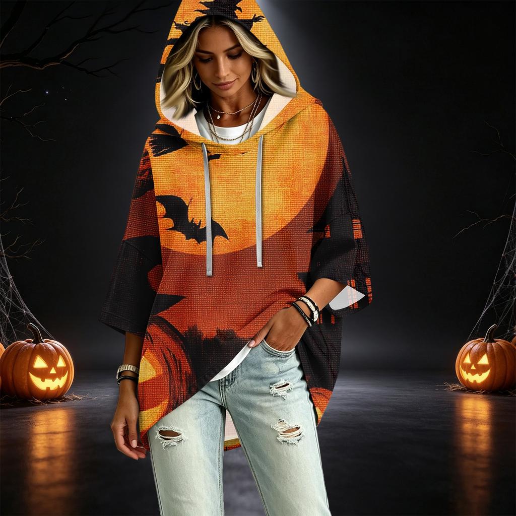 Women's Fashionable Three-Quarter-Sleeve Halloween-Printed Hooded Pullover