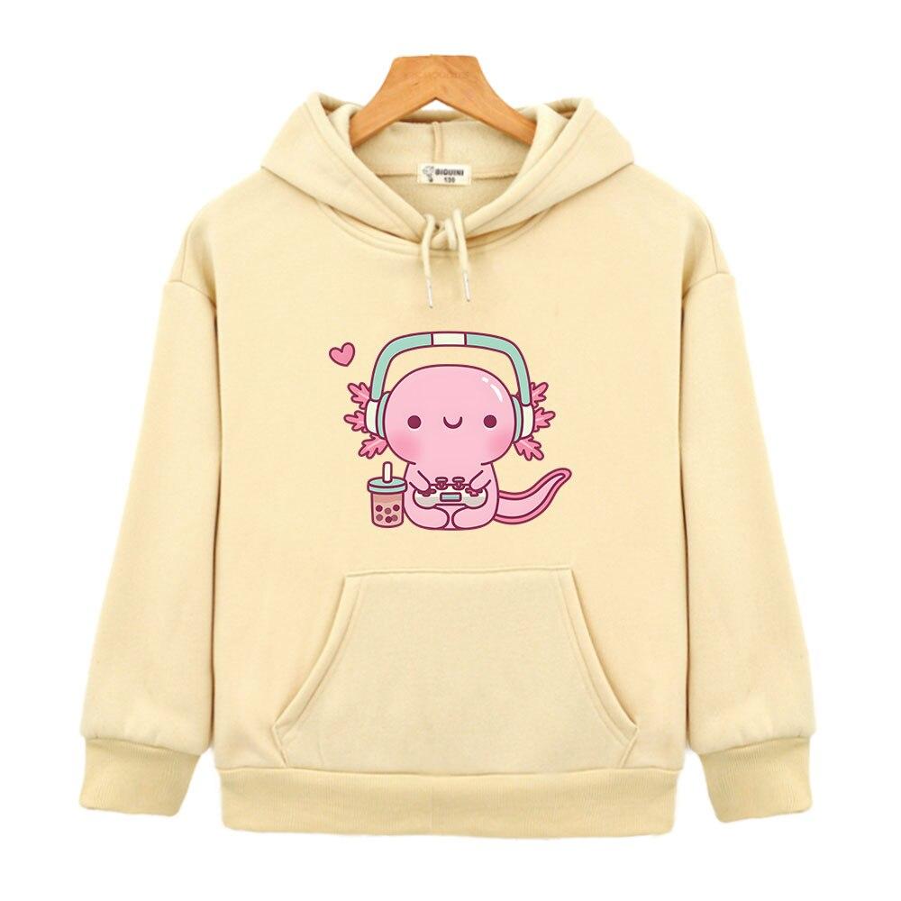 Cute Axolotl Playing Video Games Hoodie Cartoon Gamer Funny Print Sweatshirt Kids Clothes Boys Girl Clothing Y2k Winter Pullover