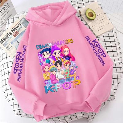 Felpa con Cappuccio Carina da Ragazza Calda Rumi KPop Cacciatore di Demoni Cartone Animato Bambini Moda Onda Top Casual Abbigliamento Casual Nero Rosa