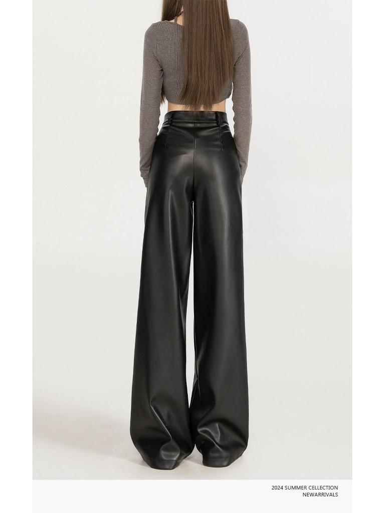 Korean Style Versatile Leather Wide-Leg Pants for Curvy Women - High Waist, Slimming, Black, Spring/Autumn.