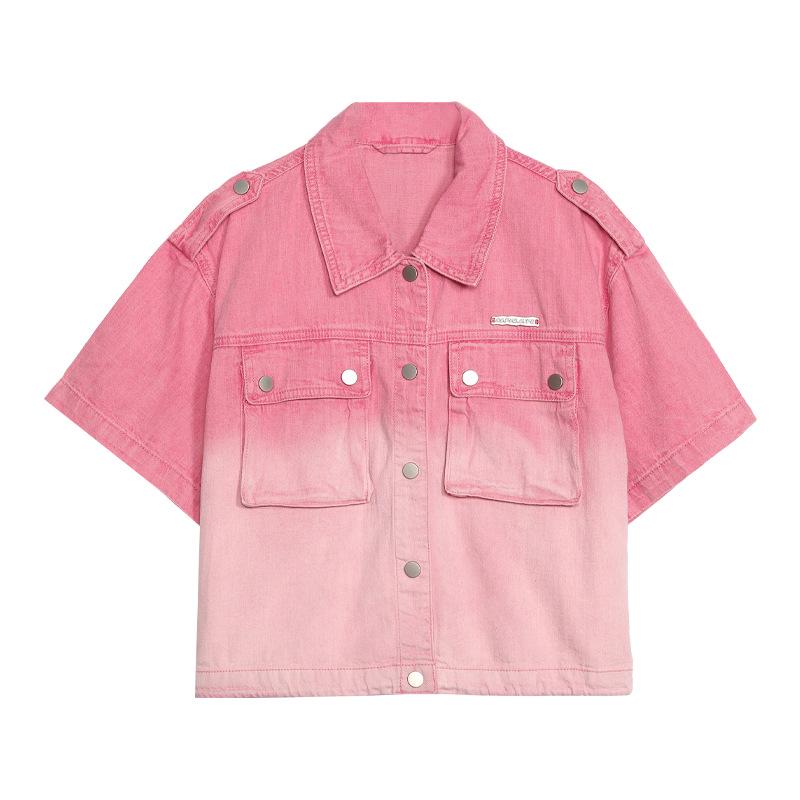 

Tuogu Trendy Gradient Denim Shirt & Shorts Set: American Spicy Girl Slimming Summer Casual Wear S