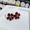 Vintage Wine Red Flocking Flower Stud Earrings for Women Classic Flower Petal Sweet Elegant Earrings Wedding Party Jewelry Gift