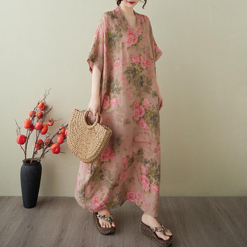 

DIMANAF 2025 Лето Большой Размер Новое Платье Женщины Винтажное Длинное Повседневное Свободное Базовое Платье Макси с Принтом и V-образным Вырезом One Size