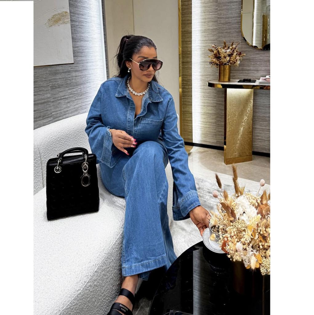 Women's Denim Suit Long Sleeved Lapel Pocket Top with Tie Up Straight Leg Pants Two-piece Set