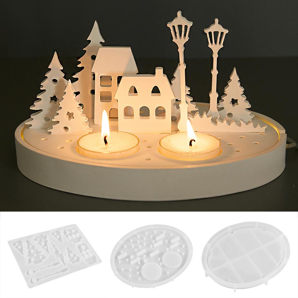 Round Candle Holder Silicone Mold with Hollow Tree House Street Lamp DIY Nightlight Silhouette Candlestick Mold 3D Plaster Craft