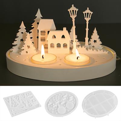 Runder Kerzenhalter Silikonform mit hohlem Baumhaus Straßenlaterne DIY Nachtlicht Silhouette Kerzenständerform 3D Gips Handwerk