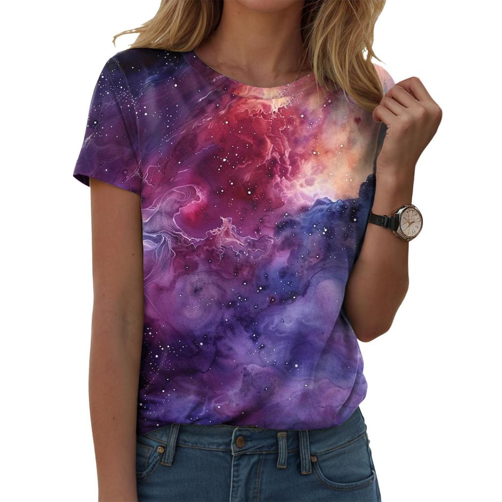 Women Galaxy Print T Shirts Glitter T-Shirts Fashionable Starry Sky Summer T-Shirts Round Neck Woman'S Summer Tops