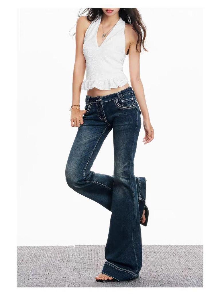 Jeans Micro-Flare a Vita Bassa Yi Mengling - Pantaloni Flare Elasticizzati Lavati da Donna, Primavera/Autunno