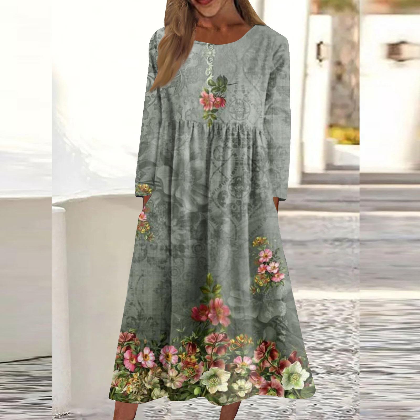 Женское повседневное платье средней длины с круглым вырезом и принтом — фото 10