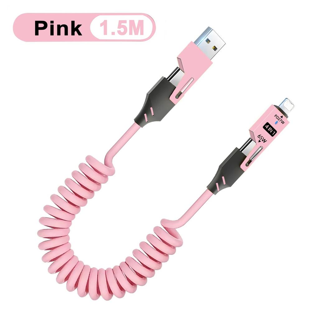 1/2PCS 4-in-1 Spring Data Cable & 65W Quick Charger: 6A USB Type-C Telescopic Wire Compatible with iPhone/iPad/MacBook/Huawei