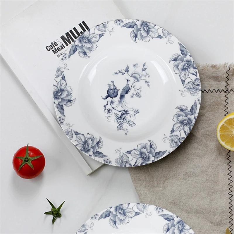 12/10/8/6.5in Round Bone china Tableware European Blue Floral Pasta Plate Ceramic Salad Plate Dinning Plates