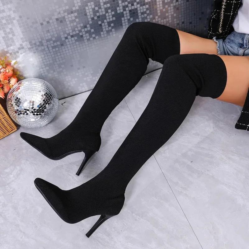 

Модные женские ботинки на тонком каблуке, зимние новые дышащие ботфорты из сетчатой ткани, противоскользящие, износостойкие, эластичные 43 чёрный