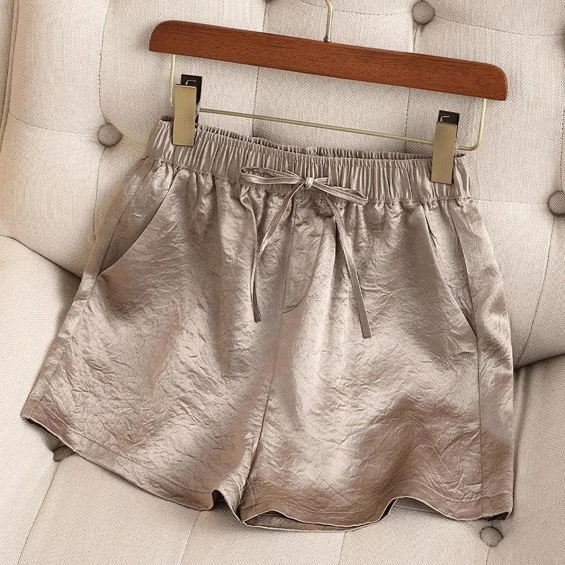

Women s Crinkled Satin Elastic Waist Drawstring Shorts with Pockets Casual Summer Shorts M хакі