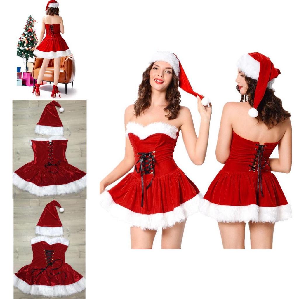 Elegant Red Velvet Sexy Women Christmas Fancy Dress Santa Claus Costume Outfit Hat