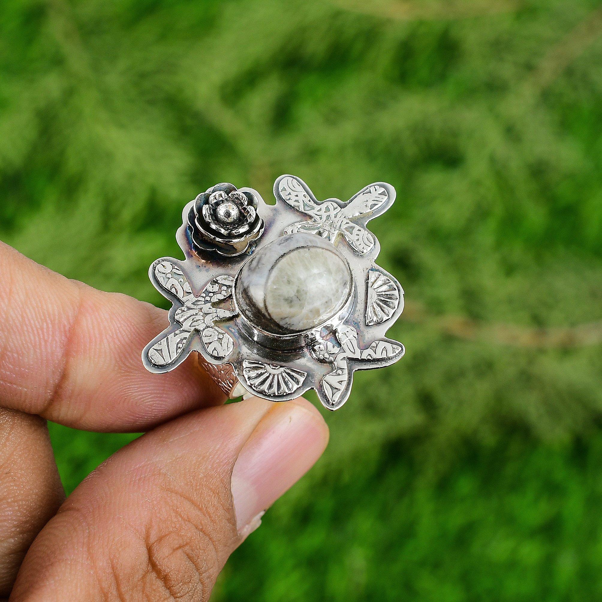 

Natural Orthoceras Fossil Solitaire Flower Adjustable Ring 925 Silver Adjustable