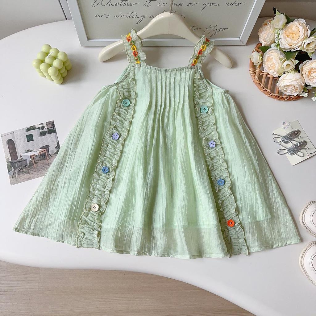 Süßes Sommer-Mädchenkleid mit frischem Wald-Button-Rüschen-Träger