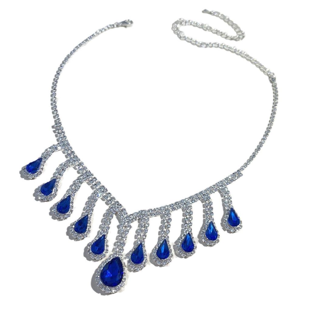 Fashion Bright Diamond Necklace Earrings Set Bridal Wedding Blue Water Drop Tassel Jewelry Two-piece Set