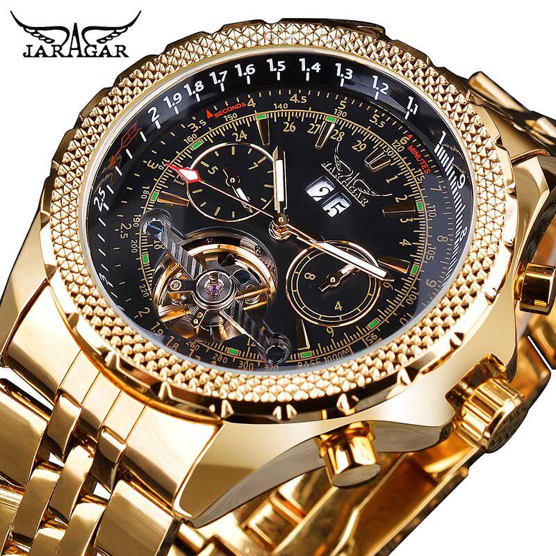 JARAGAR Flying Series Golden Bezel Scale Dial Design Stainless Steel Mens Watch Top Brand Luxury Automatic Mechanical Watch