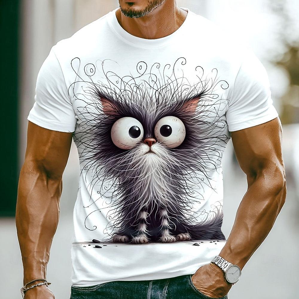 Men's Cat 3D Funny T Shirt Short Sleeve T shirt 3D Print Crew Neck Shirt Exaggerated Designer Party Holiday Blue Black 1 Black