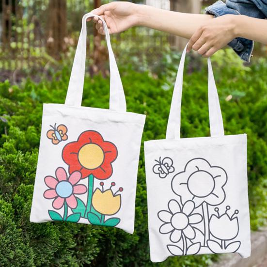 DIY Coloring Canvas Bag Cute Animal Plant Space Designs Kids Tote Reusable Shopping Tote for Children School Outing Picnic
