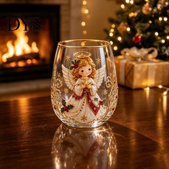 Christmas Themed Water Mug 330ML Glass Cup, Wreath/Santa Claus/Elk/Stockings/Snowman Pattern Holiday Glassware Compact for Breakfast Wine, Coffee,