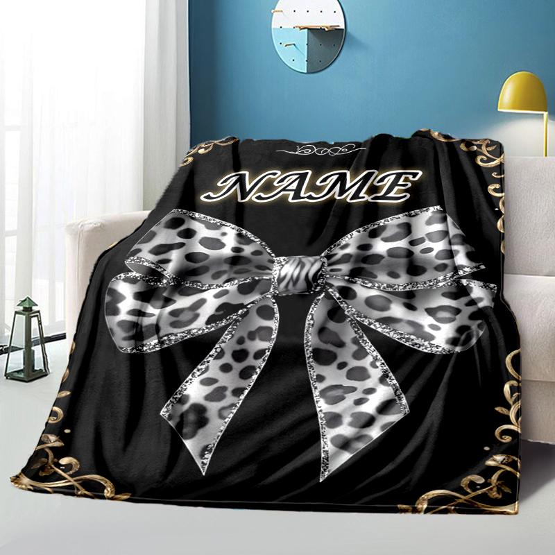1PC Custom Name Leopard Print Bow outdooor Flannel blankets Throw Blanket All-Season Throw Gift Bedspread for Couch, Bed, Camping Holiday Birthday gif