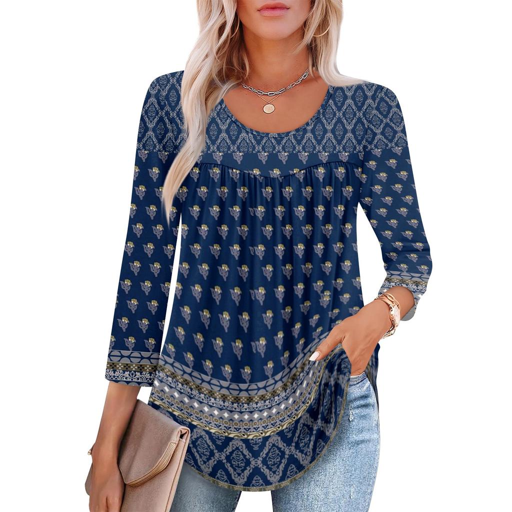 Women's Fashion Seven Sleeve Top Round Neck Pleated Casual Printed Top