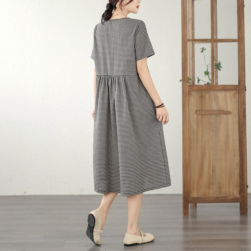 Short Sleeve Plus Size Cotton Lace Vintage Plaid New In Dresses for Women Casual Loose Long Summer Dress