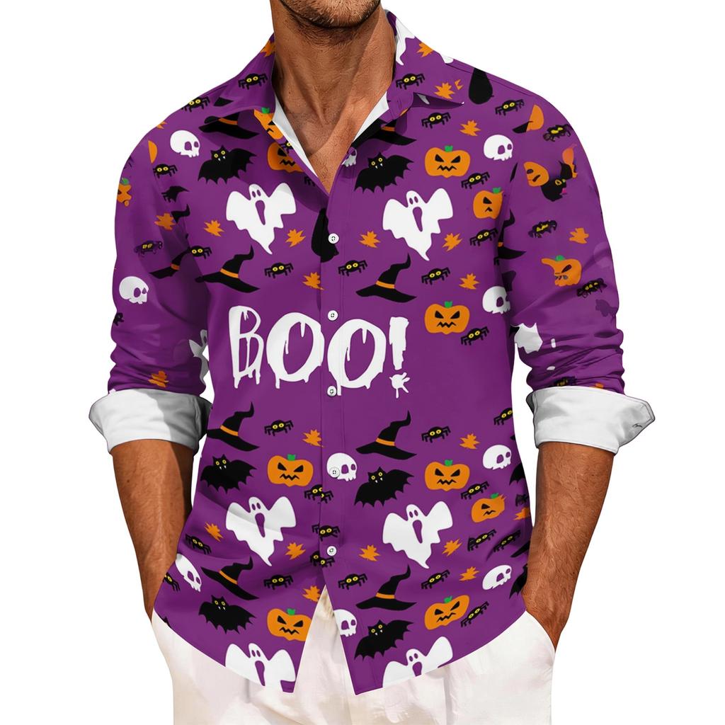 Men's Casual Long Sleeve Halloween Print Button Down Shirt Relaxed Fit Lightweight Breathable Fabric Comfortable Daily Wear