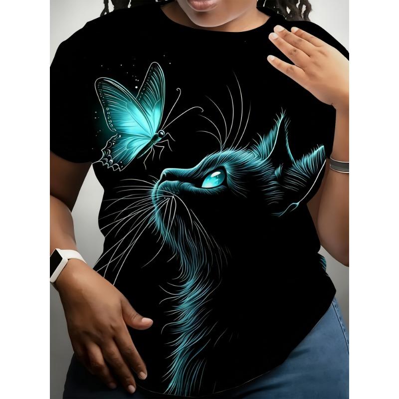 

Dark Blue Fluorescent Cat and Butterfly Print Short-sleeved T-shirt, Fantasy Healing Loose Round Neck Top, Women s Sale Clothing 4XL