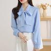 Women Shirt Lace-up Bowknot Collar Long Sleeve Casual Shirt Solid Color Loose Fit Chiffon Shirt Tops Daily Wear