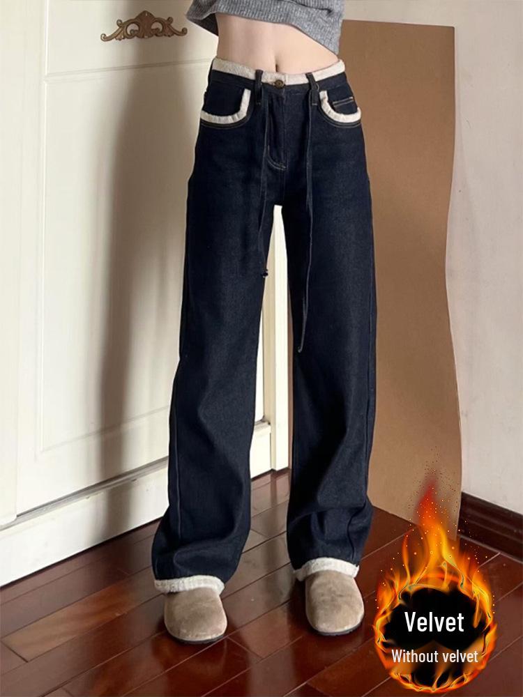 

Женские джинсы прямого кроя, свободные, темно-синие, на флисовой подкладке, осень/зима 2025 XL