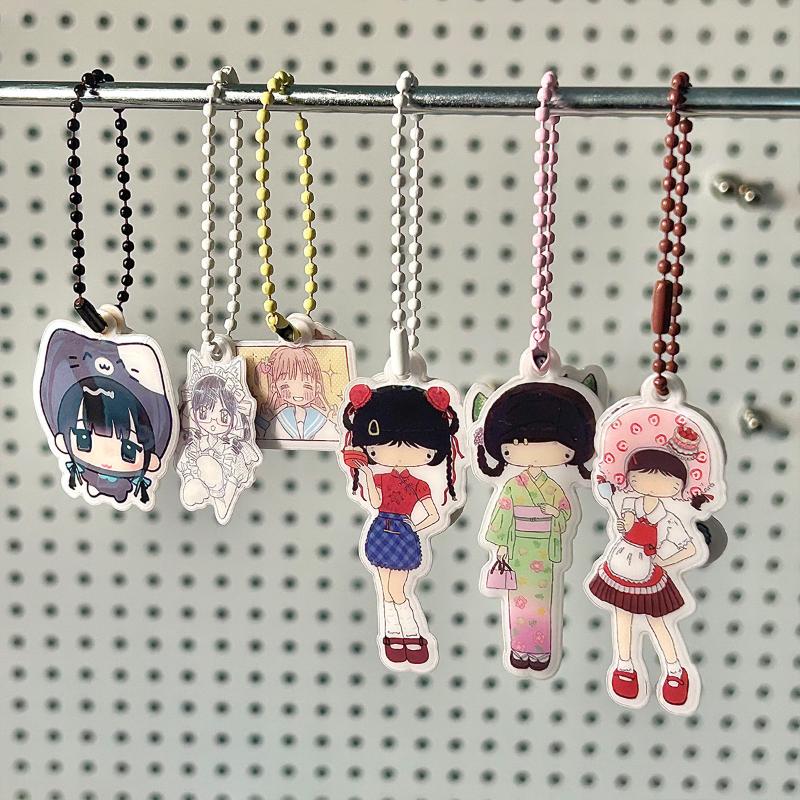 Cute Mini Puff Foam Keychain Cartoon Girl Phone Keyring Pendant Key Hanging Decoration Bag Charms For Couple Gifts